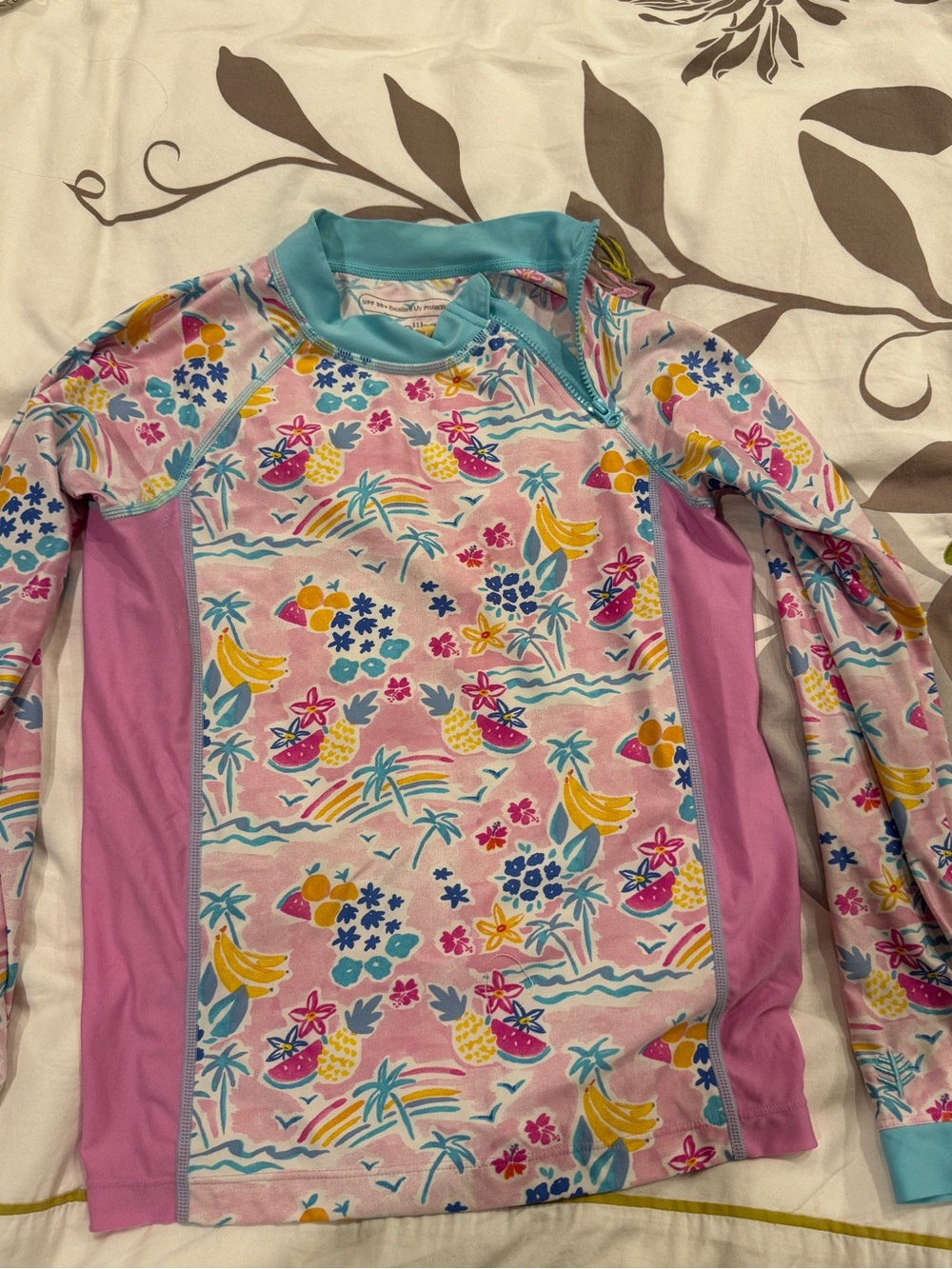 Cool bar Pink Tropical Long-Sleeve Swim Rash Guard neck zipper size m 7-8